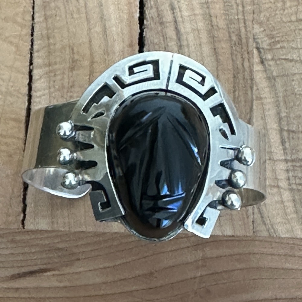 Taxco‎ Cuff Bracelet Sz 6 Adjust Carved Black Onyx Mask Aztec 925 Sterling 44.5g